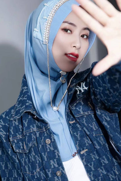 Nadia-Baby Blue Eyes Radiance Pearl and Rhinestone Chain Hijab Cap