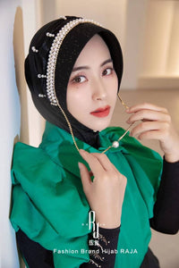 Nadia-Black Radiance Pearl and Rhinestone Chain Hijab Cap