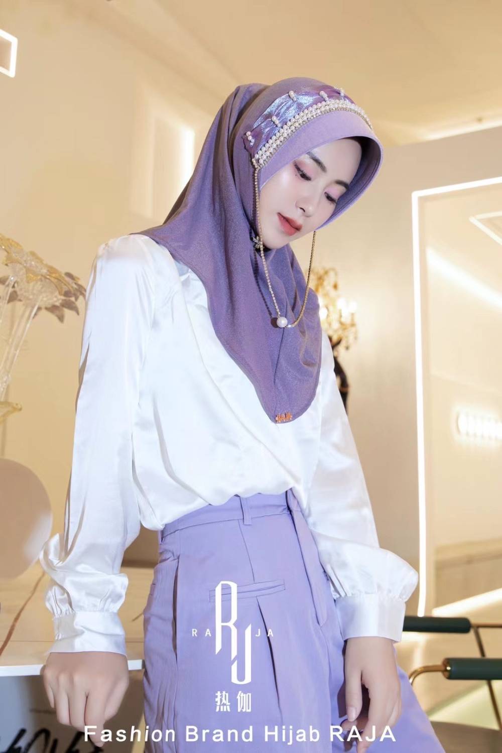 Nadia-Lavender Radiance Pearl and Rhinestone Chain Hijab Cap