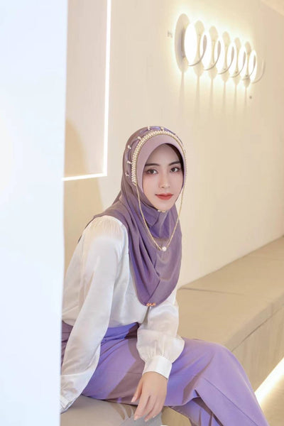 Nadia-Lavender Radiance Pearl and Rhinestone Chain Hijab Cap