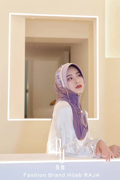 Nadia-Lavender Radiance Pearl and Rhinestone Chain Hijab Cap