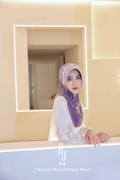 Nadia-Lavender Radiance Pearl and Rhinestone Chain Hijab Cap