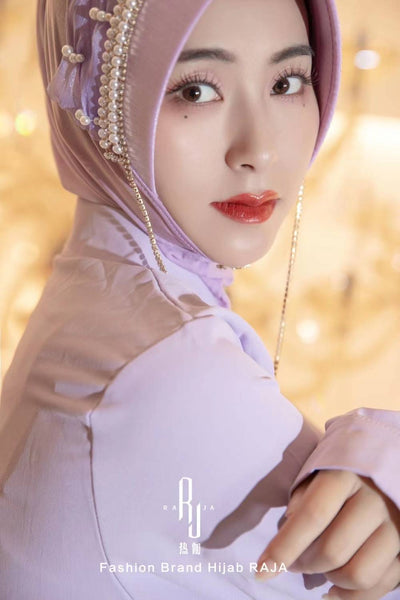 Nadia-Light Lilac Radiance Pearl and Rhinestone Chain Hijab Cap