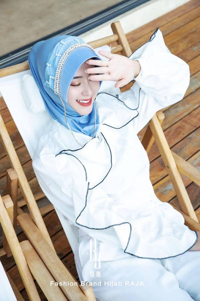 Nadia-Sky Blue Radiance Pearl and Rhinestone Chain Hijab Cap