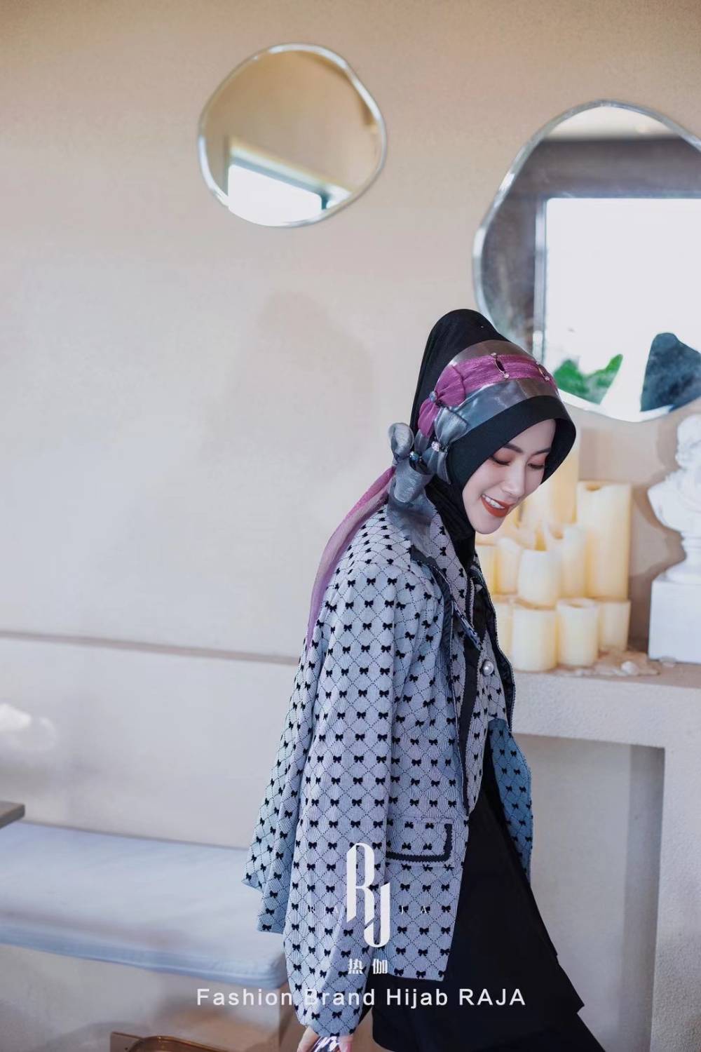 Irsa-Casquette hijab en mousseline de soie avec nœud d'amour charmant noir