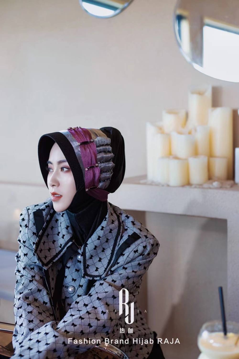 Irsa-Casquette hijab en mousseline de soie avec nœud d'amour charmant noir