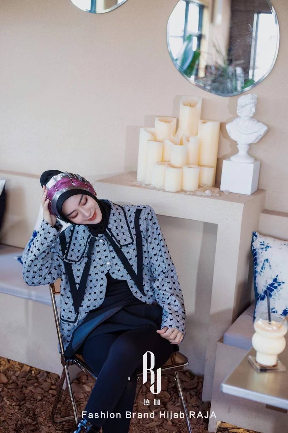 Irsa-Casquette hijab en mousseline de soie avec nœud d'amour charmant noir