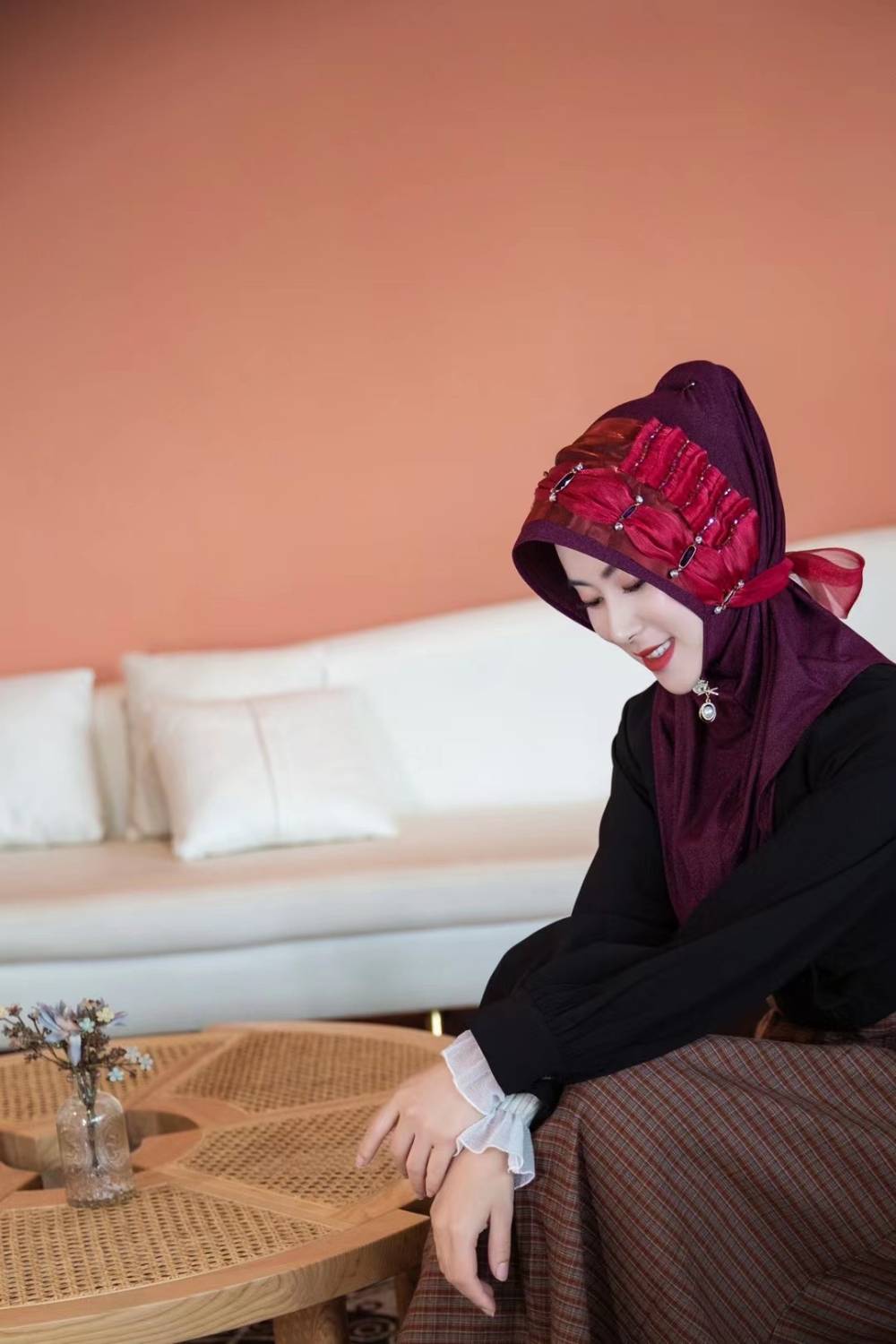 Bonnet hijab en mousseline de soie avec nœud d'amour charmant Irsa-Grape