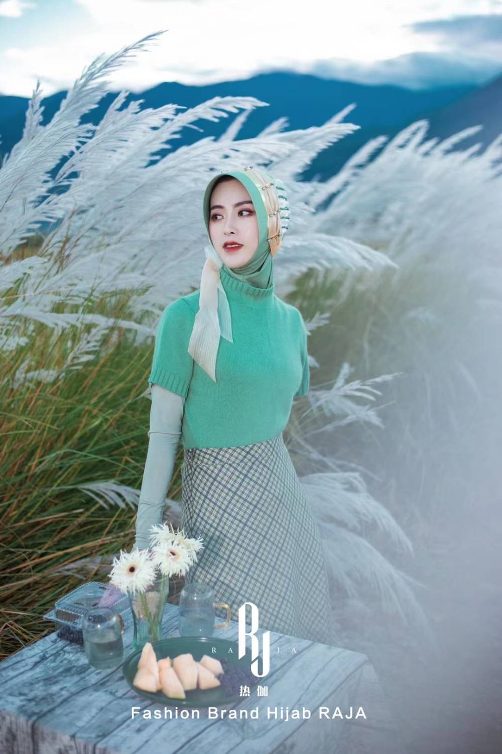 Irsa-Mint Charmant Bonnet Hijab en Mousseline de Soie avec Noeud d'Amour