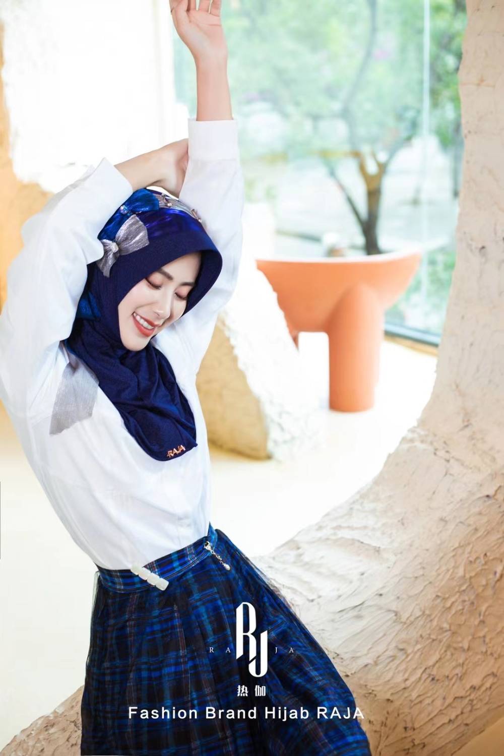 Irsa-Casquette hijab en mousseline de soie bleu royal avec nœud d'amour charmant