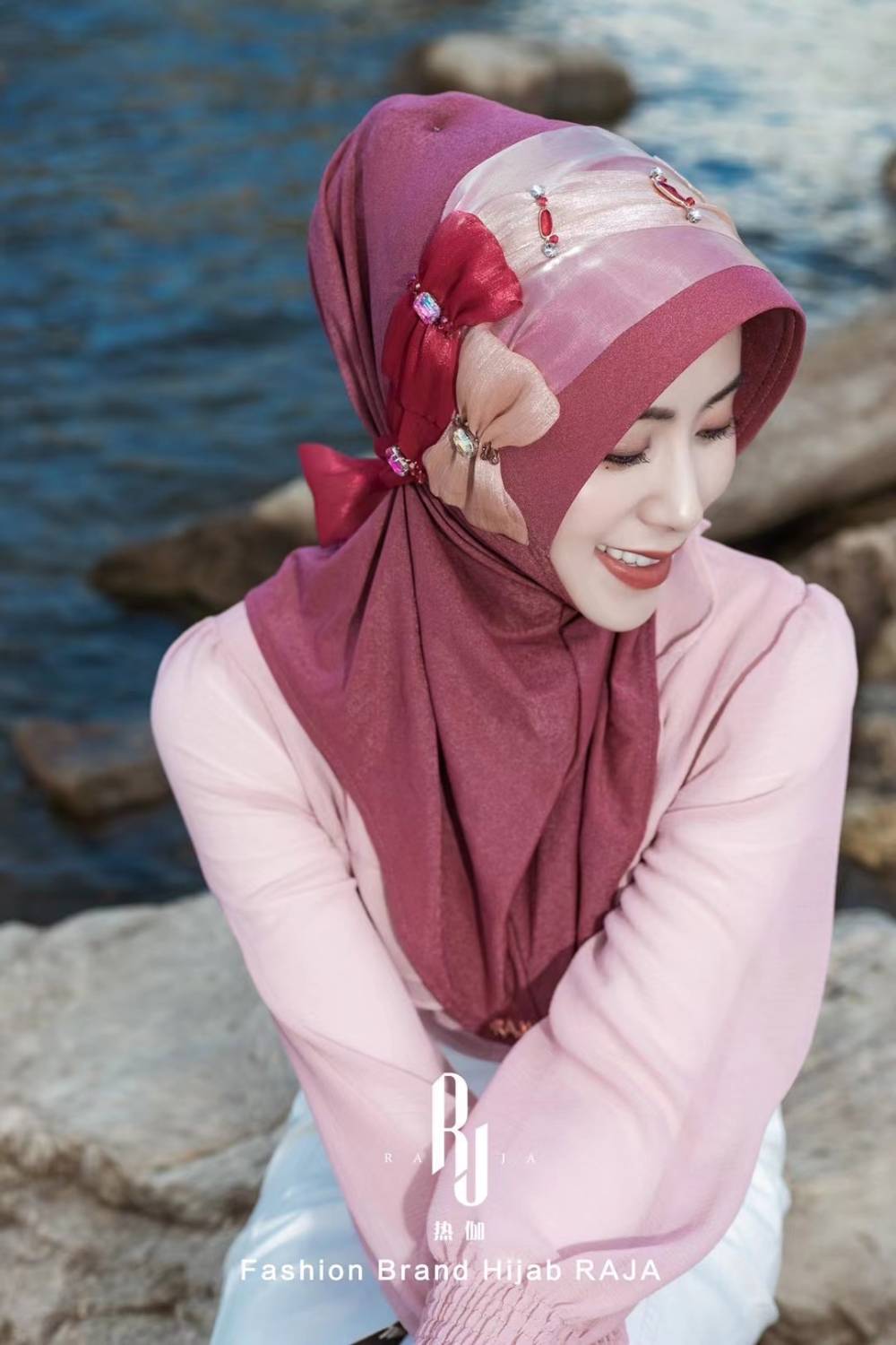 Irsa-Pastèque Rose Charmant Noeud D'amour En Mousseline De Soie Hijab Casquette