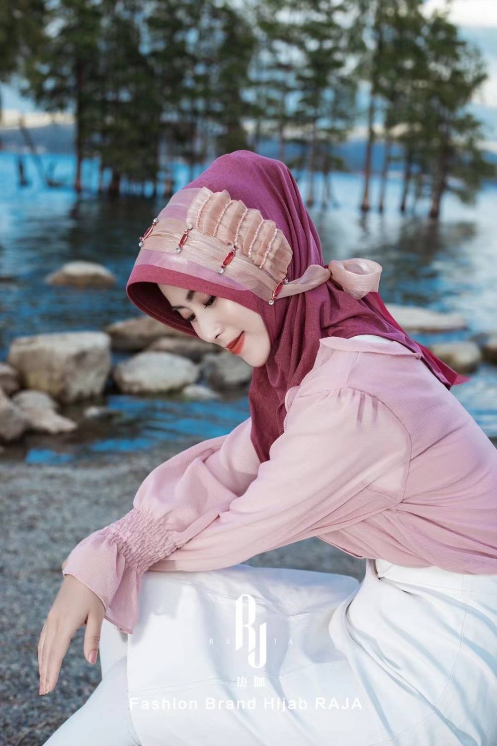 Irsa-Pastèque Rose Charmant Noeud D'amour En Mousseline De Soie Hijab Casquette