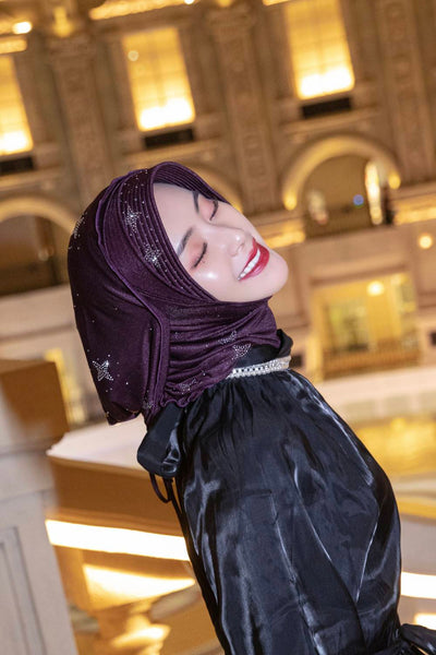 Haniya-Plum Drawstring Hijab Cap with Beaded Stars