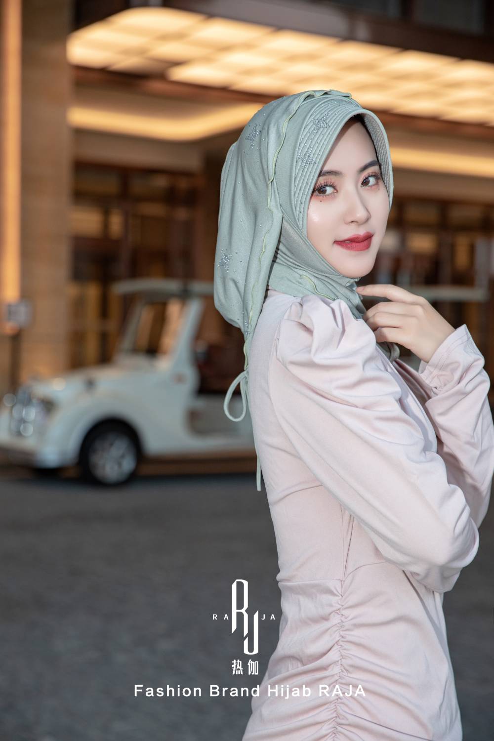 Haniya-Turquoise Gray Drawstring Hijab Cap with Beaded Stars