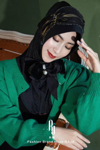 Lulu-Black  Modern and Modest Chiffon Hijab Cap with Velvet Bow and Beadings