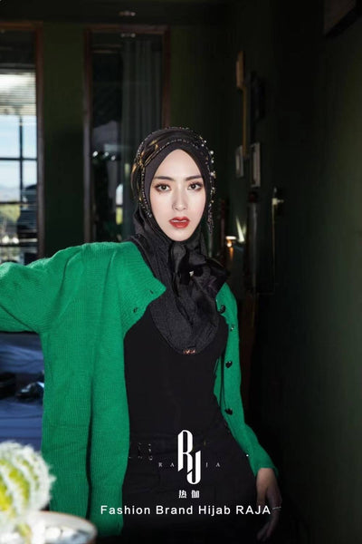 Lulu-Black  Modern and Modest Chiffon Hijab Cap with Velvet Bow and Beadings