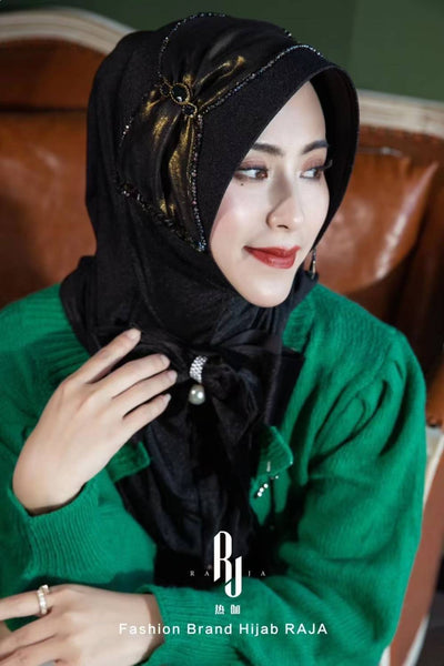 Lulu-Black  Modern and Modest Chiffon Hijab Cap with Velvet Bow and Beadings