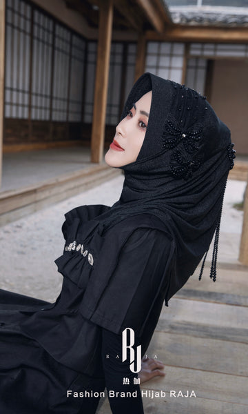 Liyana Shimmer Chiffon Hijab Headwear with Embroidery Bows and Beadings