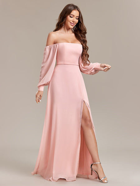 Elegant Versatile Strapless Off-the-Shoulder Long Sleeve A-line Chiffon Dress with High Slit