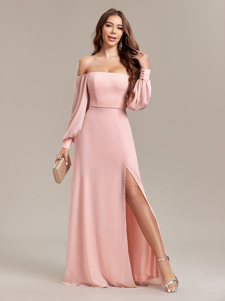 Elegant Versatile Strapless Off-the-Shoulder Long Sleeve A-line Chiffon Dress with High Slit