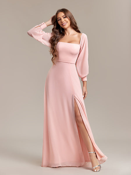 Elegant Versatile Strapless Off-the-Shoulder Long Sleeve A-line Chiffon Dress with High Slit