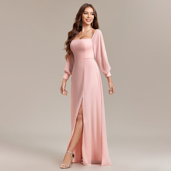 Elegant Versatile Strapless Off-the-Shoulder Long Sleeve A-line Chiffon Dress with High Slit