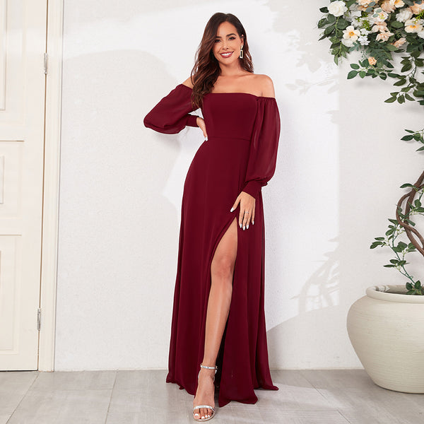 Elegant Versatile Strapless Off-the-Shoulder Long Sleeve A-line Chiffon Dress with High Slit