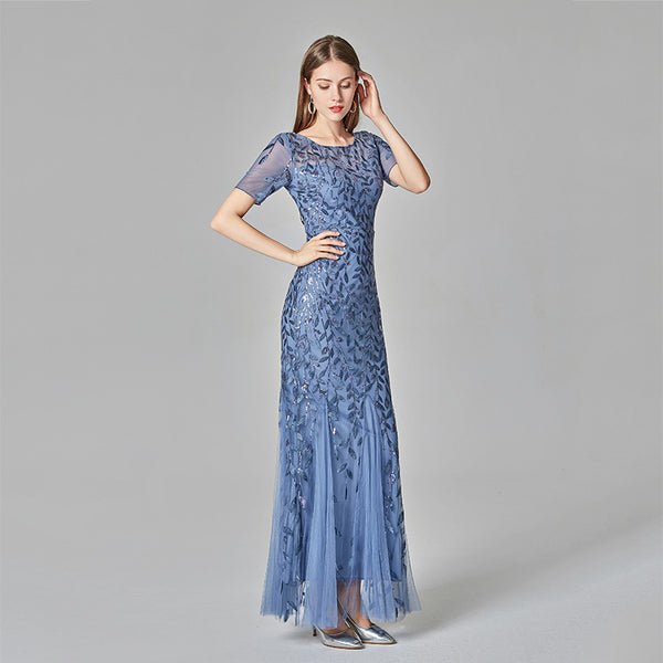 Elegant Scoop Neck Short Sleeve Mermaid Tulle Maxi Evening/Formal Dress with Sparkling Details