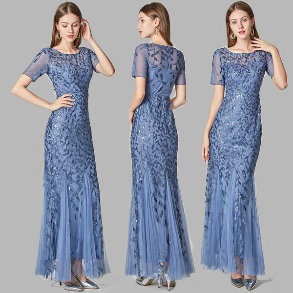 Elegant Scoop Neck Short Sleeve Mermaid Tulle Maxi Evening/Formal Dress with Sparkling Details