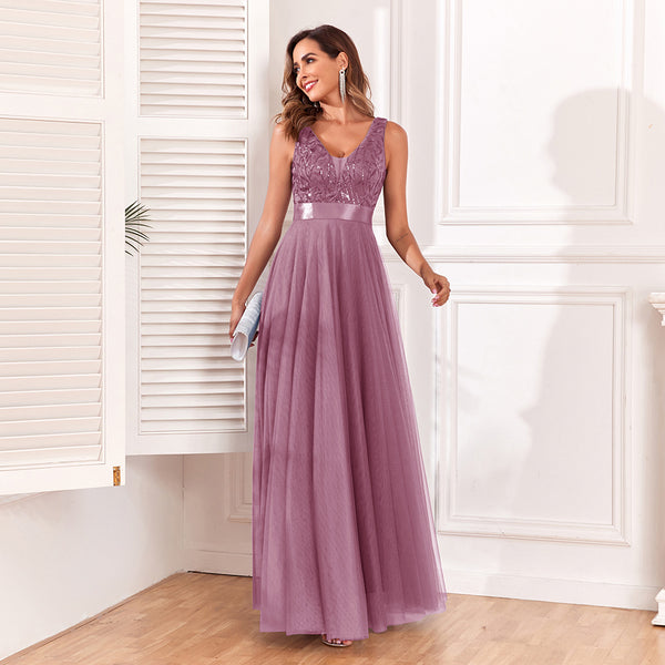 Sassy V-Neck Sleeveless Sparkling Bodice A-line Tulle Evening Dress with Belt