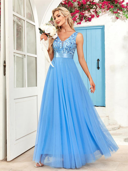 Sassy V-Neck Sleeveless Sparkling Bodice A-line Tulle Evening Dress with Belt