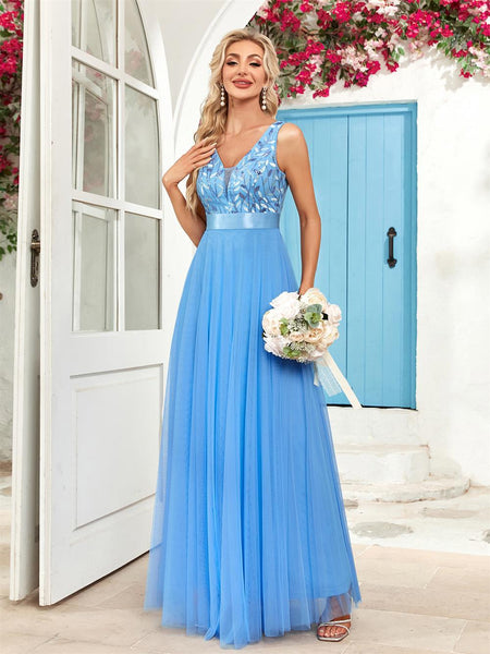 Sassy V-Neck Sleeveless Sparkling Bodice A-line Tulle Evening Dress with Belt