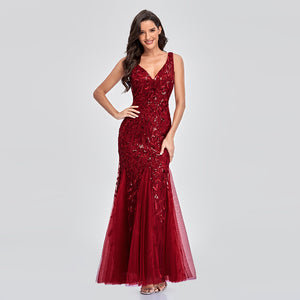 Alluring V-Neckline Sleeveless Sequined Mermaid Tulle Evening Dress