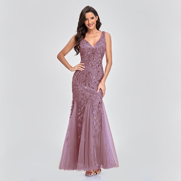 Alluring V-Neckline Sleeveless Sequined Mermaid Tulle Evening Dress