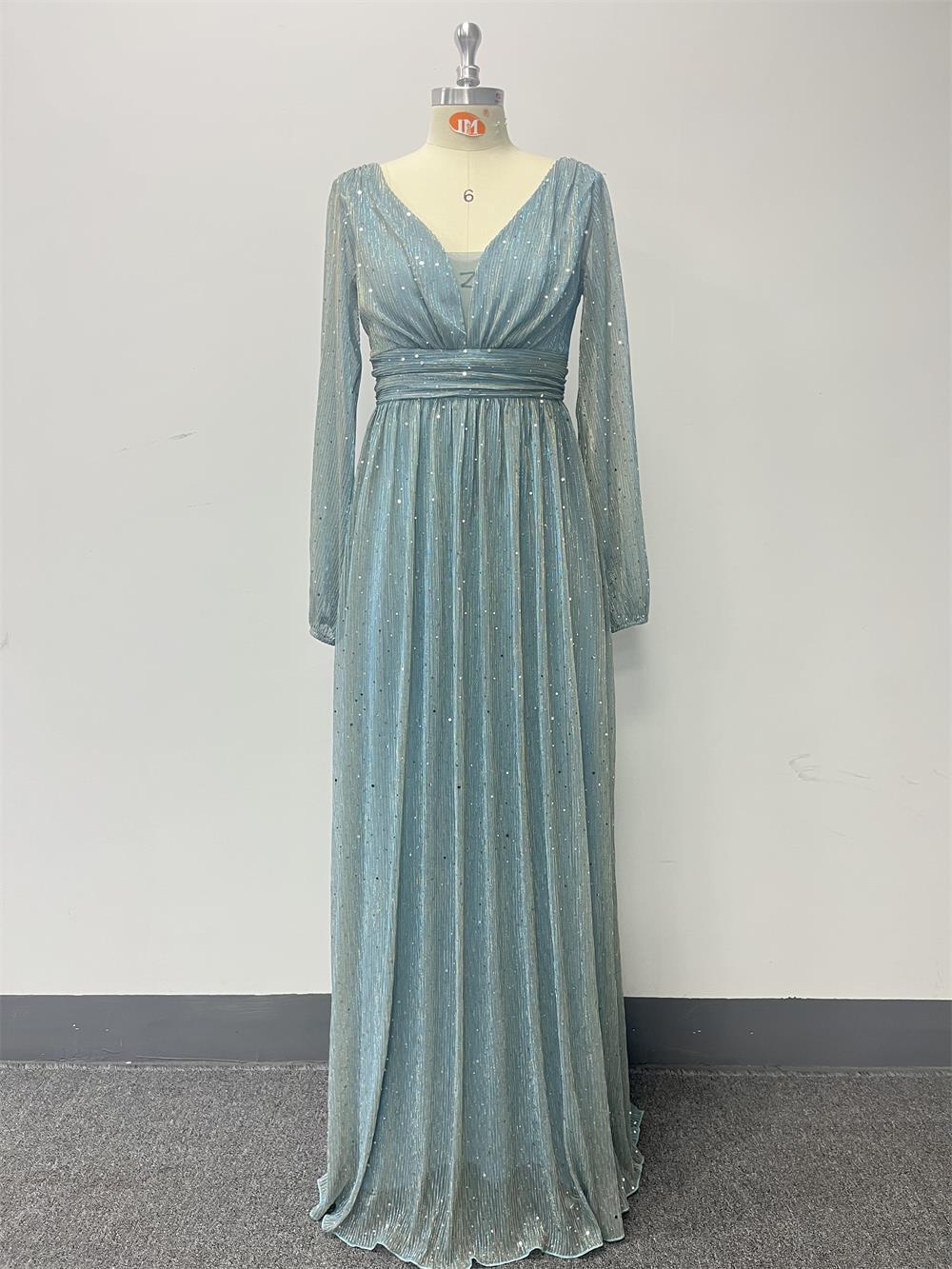 Ohromující lesklé volné dlouhé rukávy s výstřihem do V, áčkový večerní/formální šaty s plisovaným pasem