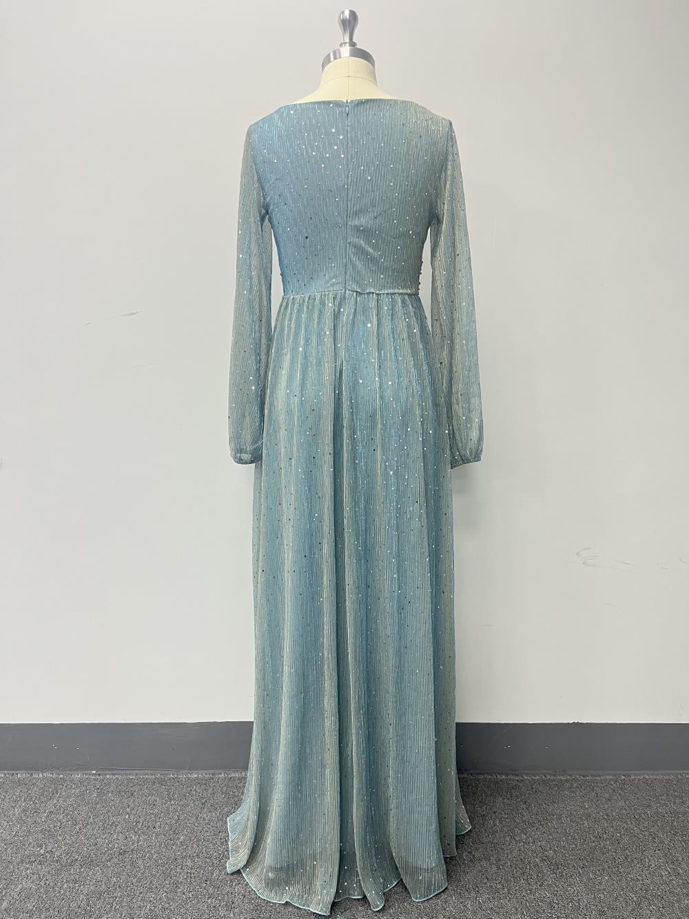 Ohromující lesklé volné dlouhé rukávy s výstřihem do V, áčkový večerní/formální šaty s plisovaným pasem