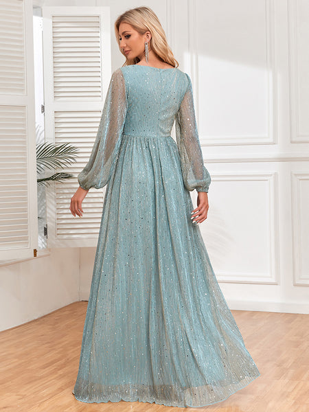 Stunning Shiny Loose Long Sleeved V-Neck A-line Evening/Formal Dress with Pleated Waist