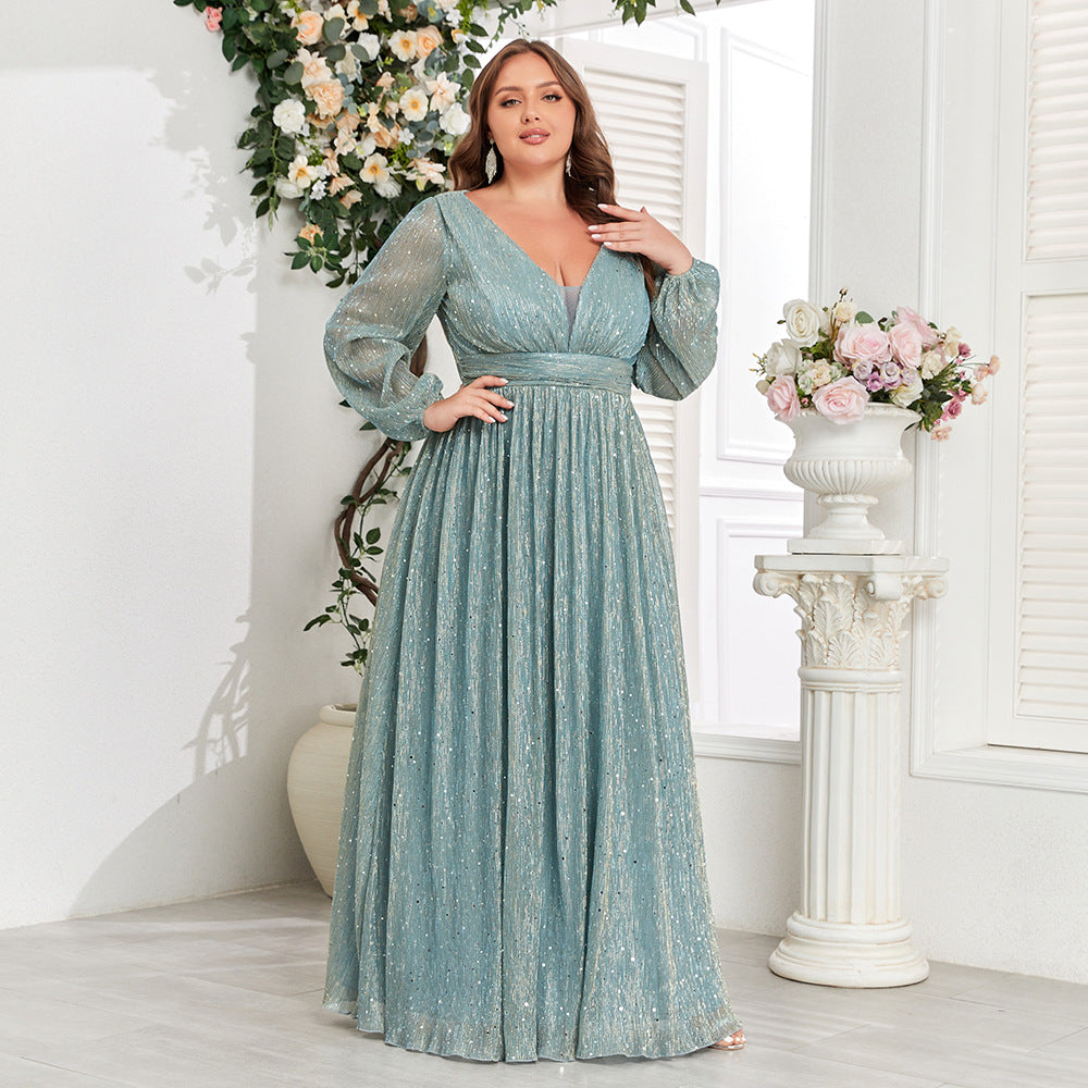 Ohromující lesklé volné dlouhé rukávy s výstřihem do V, áčkový večerní/formální šaty s plisovaným pasem