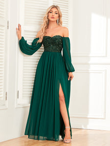 Versatile Off-the-Shoulder Long Loose Sleeves Sequined Bodice A-line Evening Dress with Slit