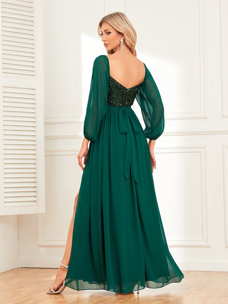 Versatile Off-the-Shoulder Long Loose Sleeves Sequined Bodice A-line Evening Dress with Slit