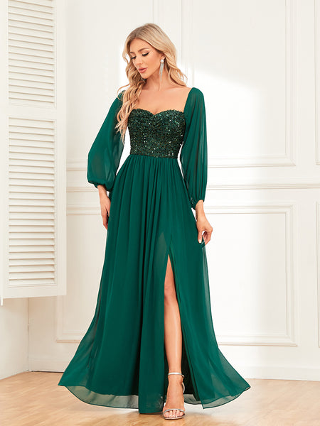 Versatile Off-the-Shoulder Long Loose Sleeves Sequined Bodice A-line Evening Dress with Slit