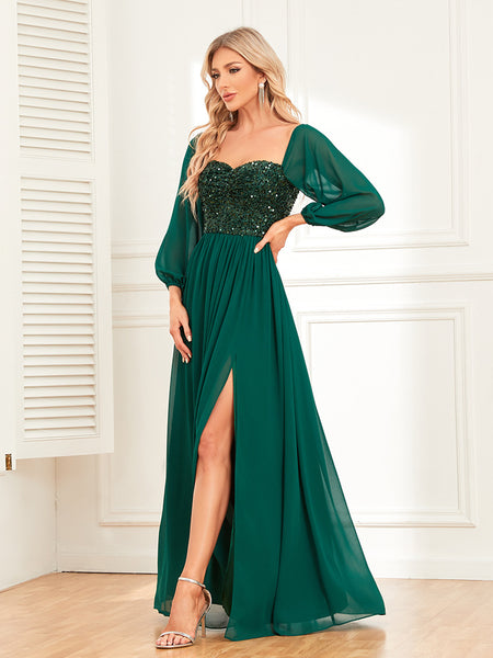 Versatile Off-the-Shoulder Long Loose Sleeves Sequined Bodice A-line Evening Dress with Slit