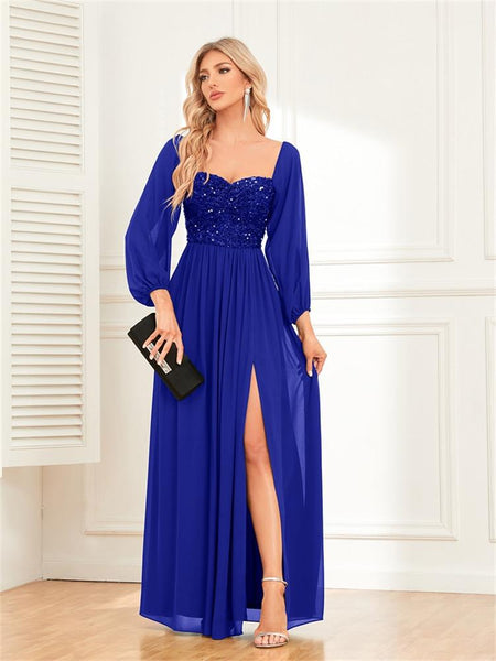 Versatile Off-the-Shoulder Long Loose Sleeves Sequined Bodice A-line Evening Dress with Slit