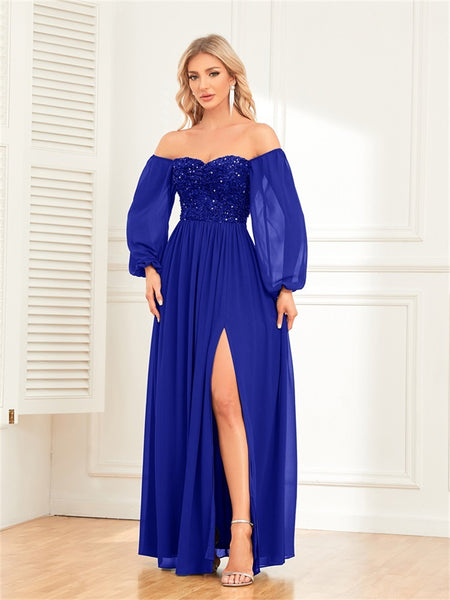 Versatile Off-the-Shoulder Long Loose Sleeves Sequined Bodice A-line Evening Dress with Slit