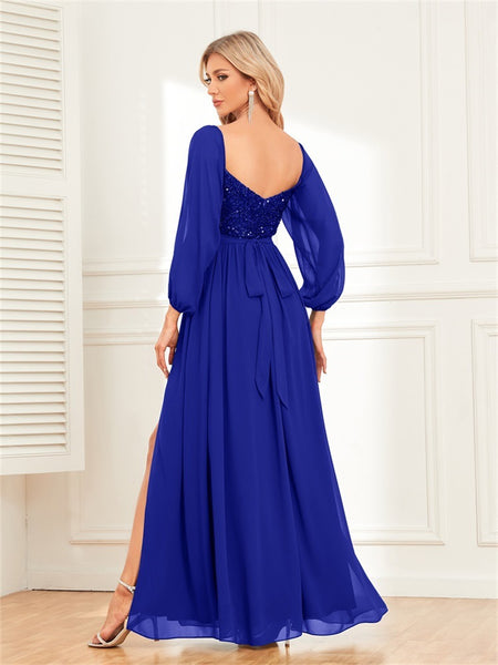 Versatile Off-the-Shoulder Long Loose Sleeves Sequined Bodice A-line Evening Dress with Slit