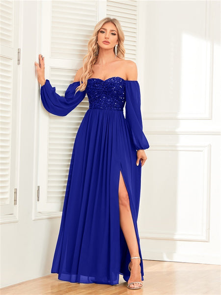 Versatile Off-the-Shoulder Long Loose Sleeves Sequined Bodice A-line Evening Dress with Slit