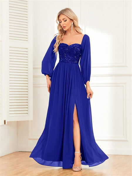 Versatile Off-the-Shoulder Long Loose Sleeves Sequined Bodice A-line Evening Dress with Slit