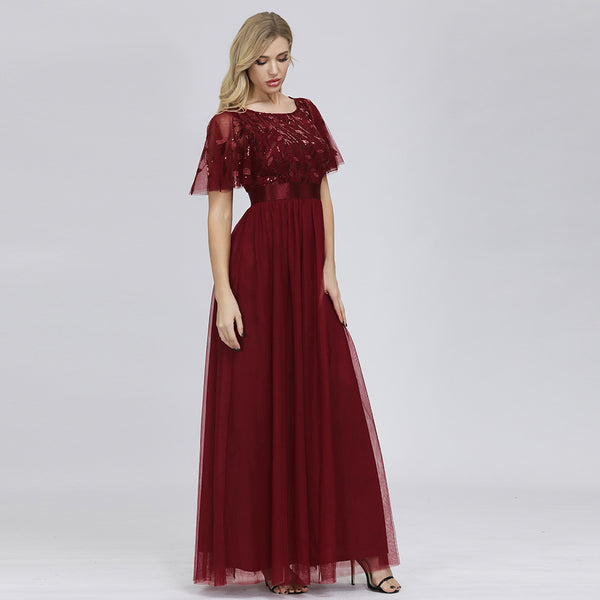 Short Bell Sleeves Scoop Neckline Sequined Bodice A-line Tulle Evening Dress with Belt