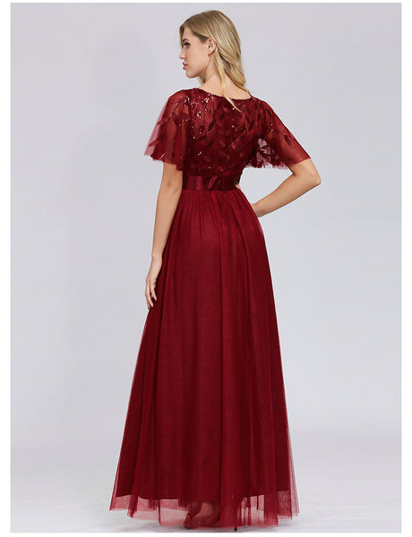 Short Bell Sleeves Scoop Neckline Sequined Bodice A-line Tulle Evening Dress with Belt