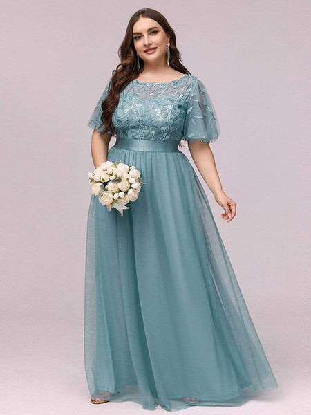 Short Bell Sleeves Scoop Neckline Sequined Bodice A-line Tulle Evening Dress with Belt